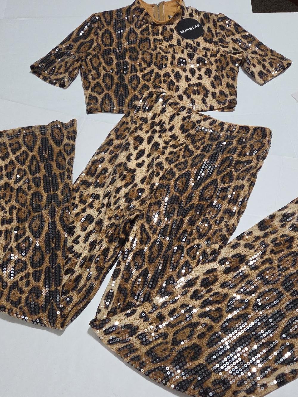 Rehab Sequin Leopard Crop Set in Tan and Black